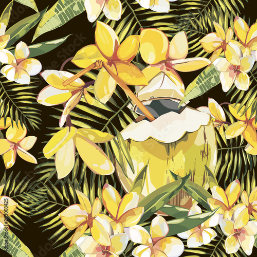 Wallpaper Mural Coconut hand drawn sketch with plumeria flowers. Watercolor tropical food illustration. Isolated on white background. Torontodigital.ca