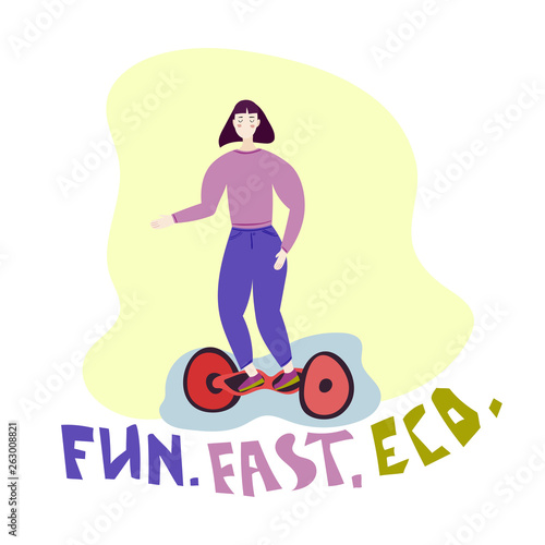 Girl on Hoverboard Vector. Riding On Gyro Scooter. Outdoor Activity. Two-Wheel Electric Self-Balancing Scooter. Isolated flat trendy modern style Illustration