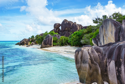 rocks,white sand,palms,turquoise water at tropical beach,la dique,seychelles paradise 23