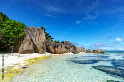 rocks,white sand,palms,turquoise water at tropical beach,la dique,seychelles paradise 8 © Christian B.
