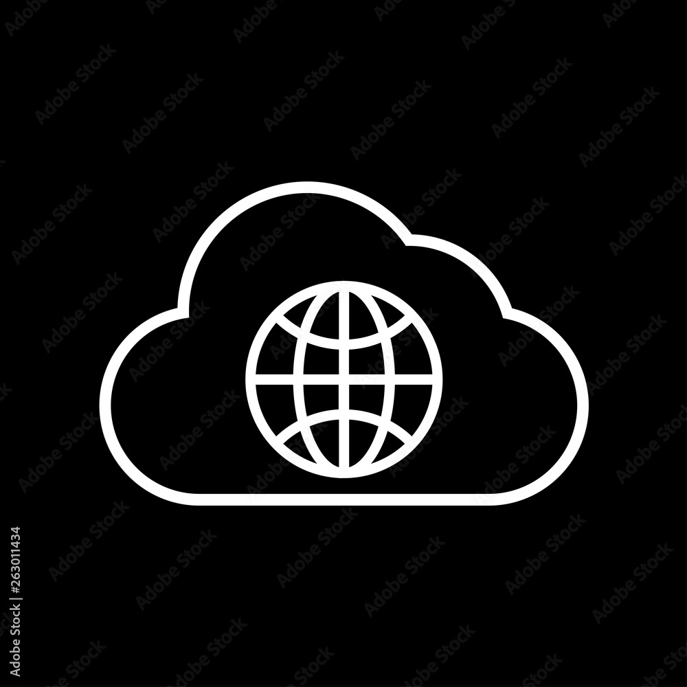 Earth in the cloud sign. Cloud storage black background icon. Earth in the cloud sign. Cloud storage black background icon.