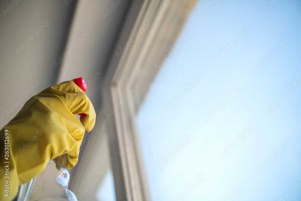 Young woman in yellow gloves cleaning window spray detergent. Spring cleanup, housework concept