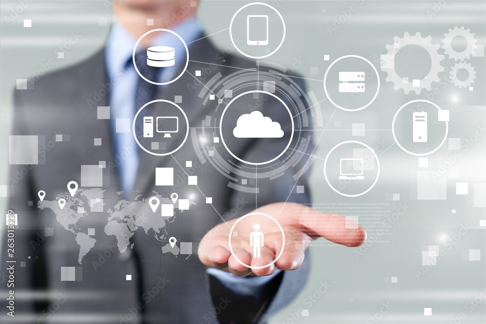 Business and technology concept. Man touching business elements on screen Business and technology concept. Man touching business elements on screen