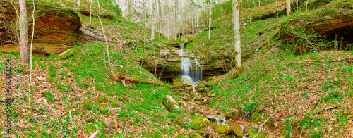 Panorama of a Double Waterfall in Early Spring photo