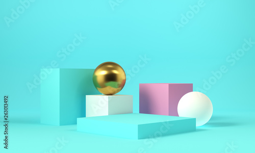 Geometric pink and blue shapes with gold sphere. Abstract background. 3d rendering.