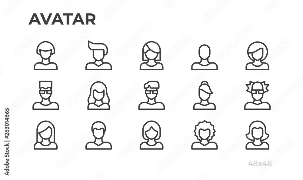 Avatars, users vector icons and profile pictures for website, application, ui. Editable line. Pixel perfect.