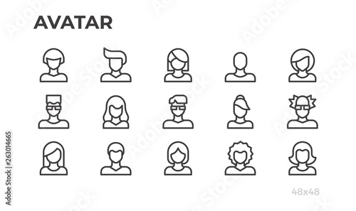 Avatars, users vector icons and profile pictures for website, application, ui. Editable line. Pixel perfect.