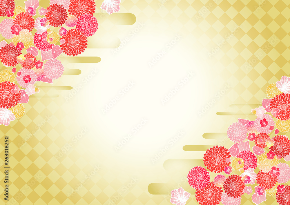 レトロ調 和風のフレーム 手書きの花柄 背景素材 和柄 お祝い Stock Illustration Adobe Stock