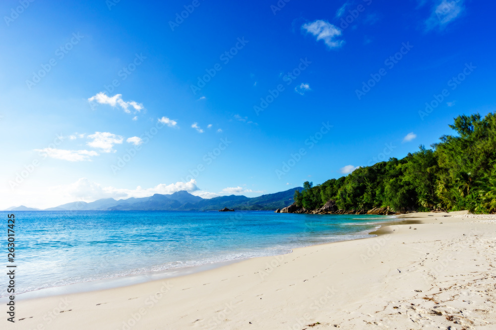 paradise tropical beach with white sand and turquoise water, seychelles