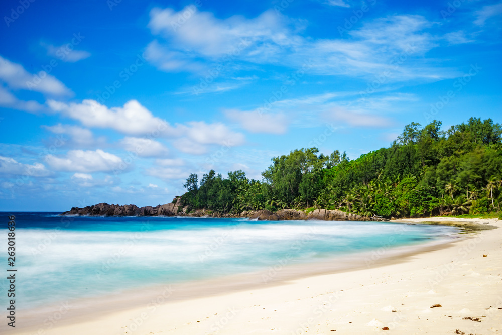 beautiful paradise tropical beach,palms,rocks,white sand,turquoise water, seychelles 3