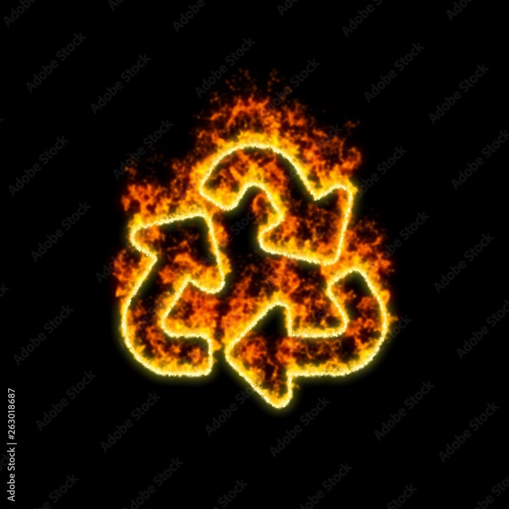 The symbol recycle burns in red fire