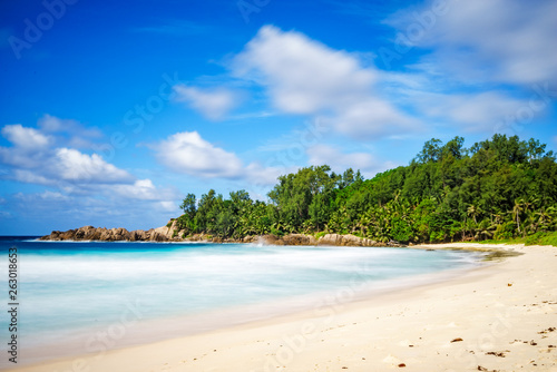 beautiful paradise tropical beach palms rocks white sand turquoise water  seychelles 4