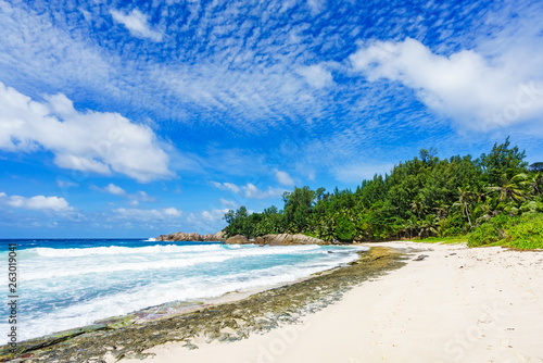 Fototapeta Naklejka Na Ścianę i Meble -  Beautiful tropical beach,palms,white sand,granite rocks,seychelles 12