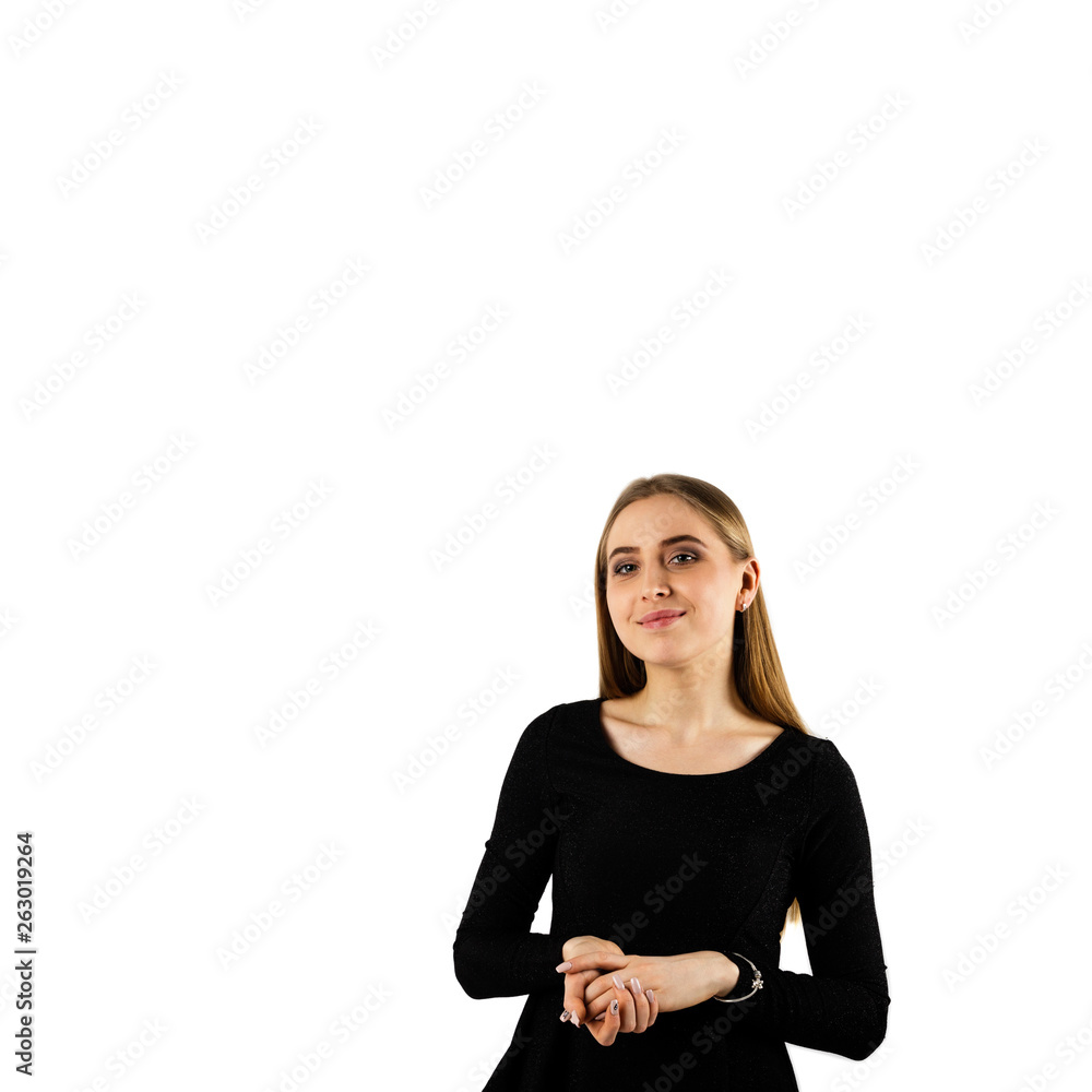 Young woman in black on white background. Young woman in black on white background.