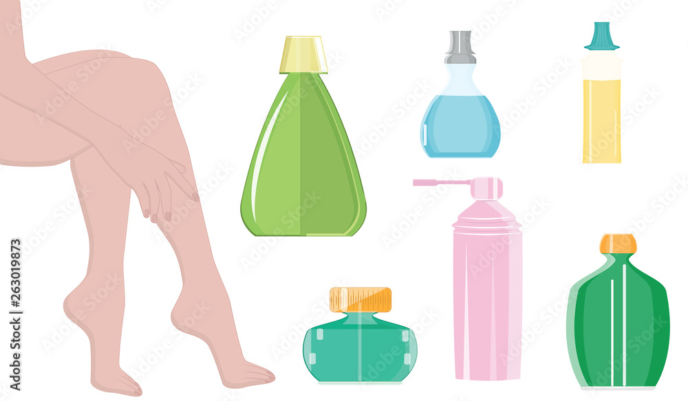 Female legs - set of bottles and jars - isolated on white background, flat style - vector. Cosmetic and therapeutic procedures for the legs. Female legs - set of bottles and jars - isolated on white background, flat style - vector. Cosmetic and therapeutic procedures for the legs.