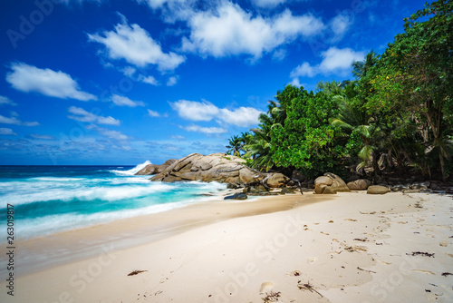 beautiful paradise tropical beach,palms,rocks,white sand,turquoise water, seychelles 26