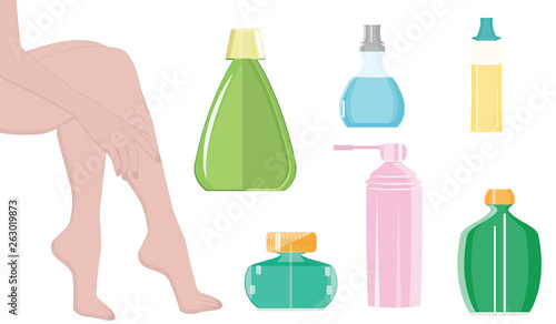 Female legs - set of bottles and jars - isolated on white background, flat style - vector. Cosmetic and therapeutic procedures for the legs.
