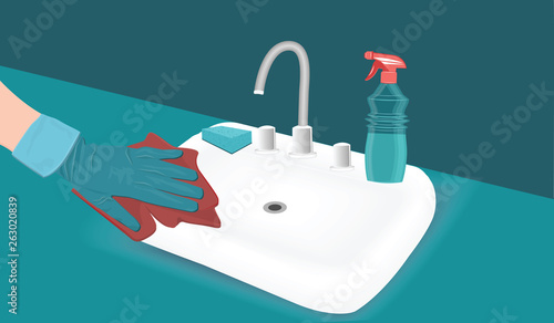 Bathroom cleaning - woman's hand in rubber glove washing a sink with a napkin - flat style - vector