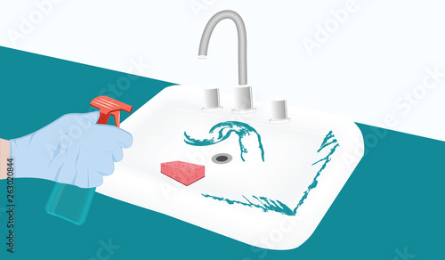 Home cleaning - female hand in rubber glove and spilled liquid in the sink - flat style - vector