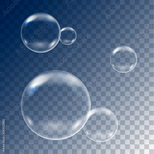 Realistic illustration of set of flying soap bubbles on transparent blue background, vector