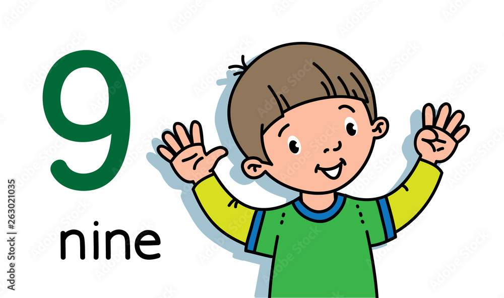 Boy showing nine by hand Counting education card 9 Boy showing nine by hand Counting education card 9