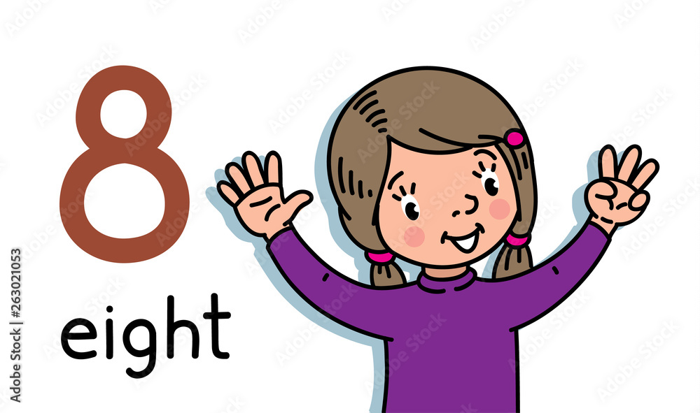 Girl showing eight by hand Counting education card Girl showing eight by hand Counting education card