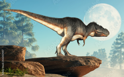A tyrannosaurus rex stands on a cliff infront of the full moon. The most popular dinosaur  this predator lived during the Cretaceous period. 3D Rendering.