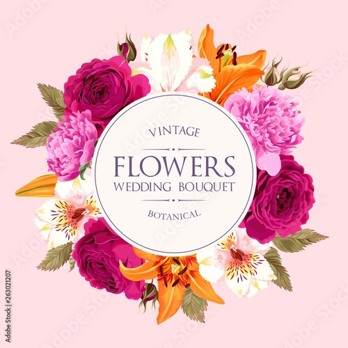 Vector vintage card with pink and orange flowers © olga_igorevna