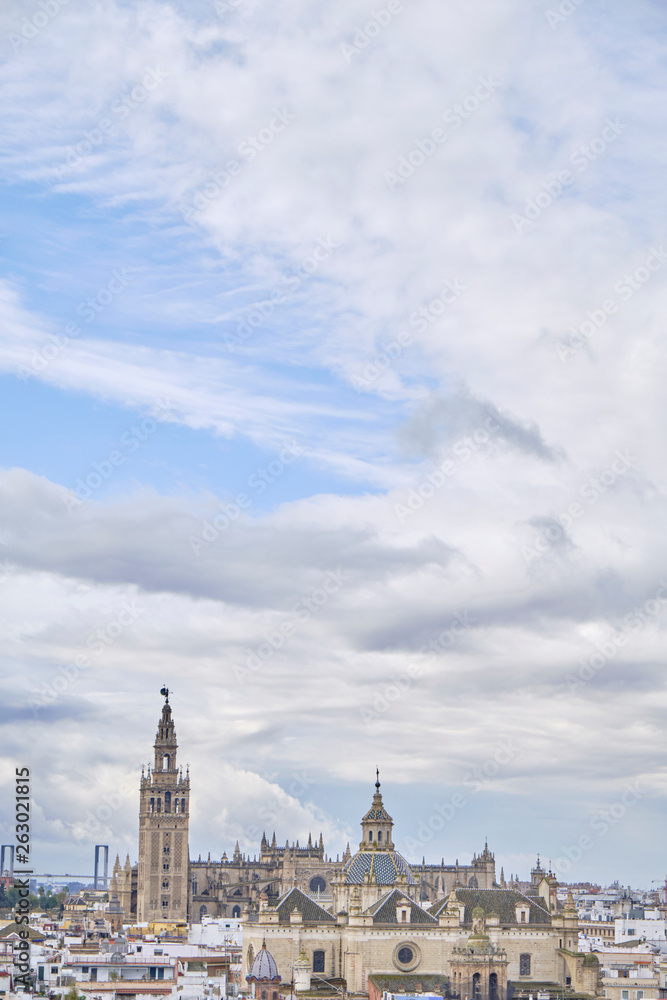 April 2019 - Seville SPAIN - Skyline of the city (capital of Andalusia) from the observation deck (Metropol Parasol) in a cloudy day.