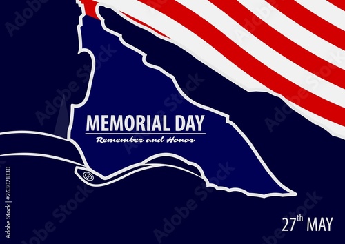 Memorial day poster template. US Army soldiers saluting on american flag background. Vector illustration.