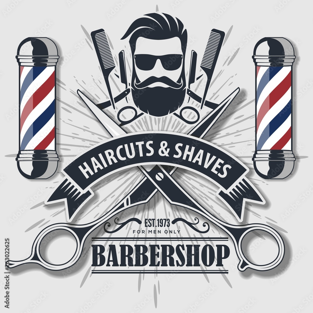 Barber Shop Logo with barber pole in vintage style. Vector template vector  de Stock