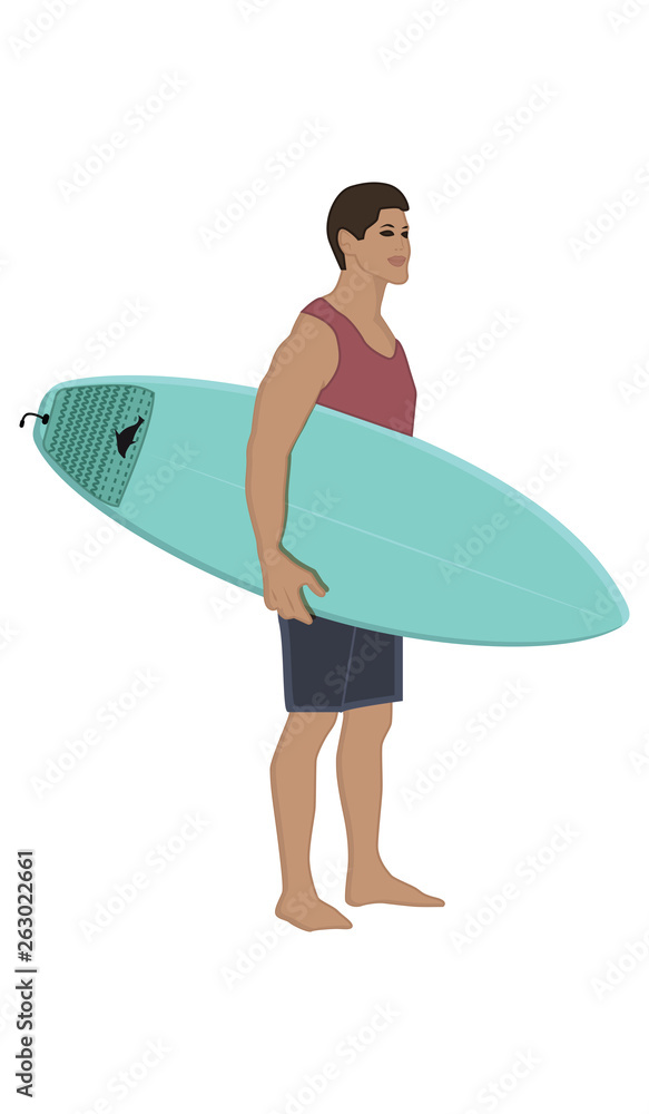Surfer with a surfboard wearing shorts - isolated on white background - flat style - vector
