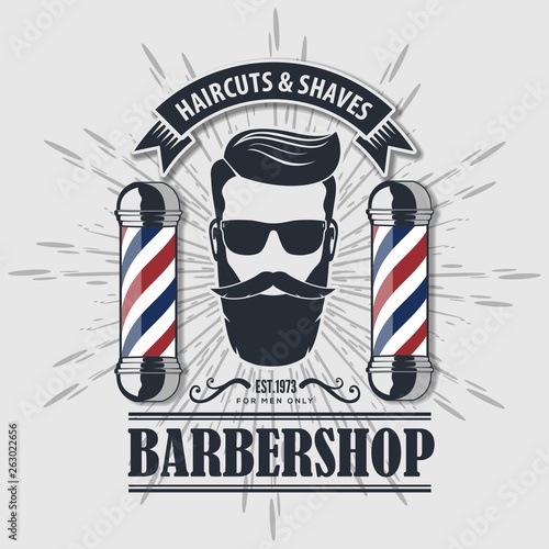 Barber Shop Logo with barber pole in vintage style. Vector template