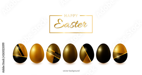 Easter eggs. Golden set with decorated geometric elements for gift, seasonal celebration and holidays in april on white background. Vector illustration.