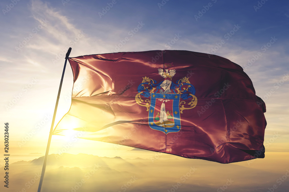 Φωτογραφία Arequipa region of Peru flag waving on the top sunrise mist fog