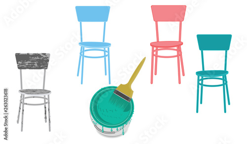 Chairs, one old in grunge style and three repainted, a can of paint with a brush - isolated on white background - vector.