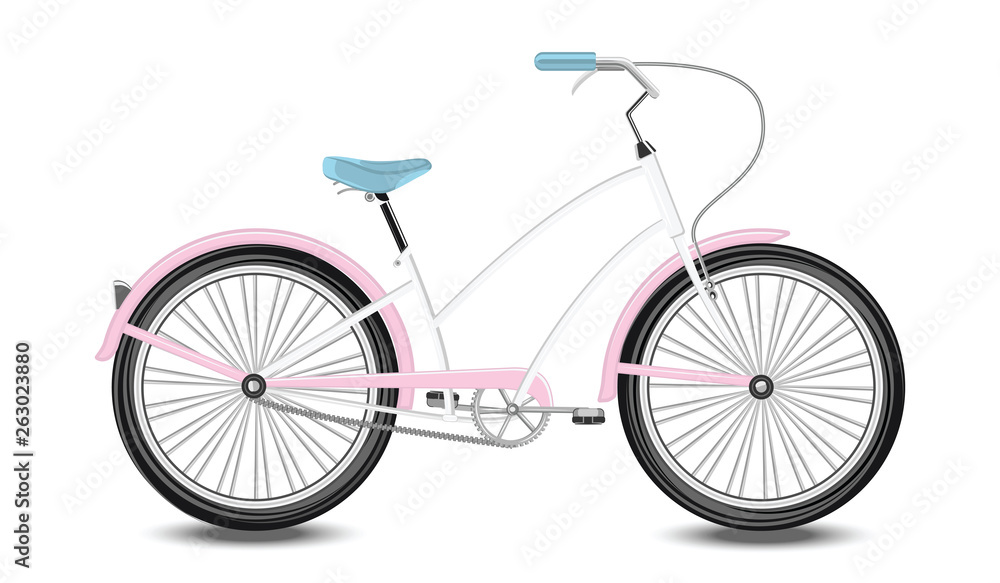 Bicycle with a pink frame, female, urban - isolated - flat style - vector