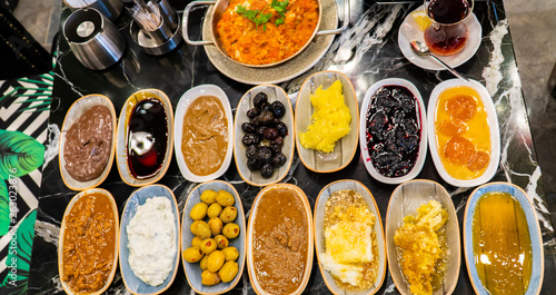 Delicious traditional turkish breakfast on table