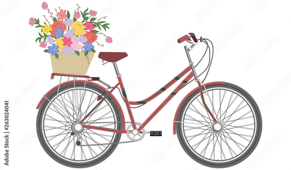 Female red bicycle - basket with a bouquet of bright flowers - isolated on white background - flat style - vector