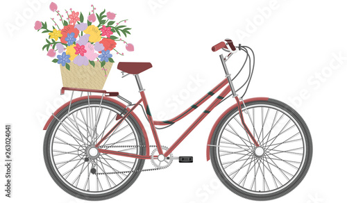 Canvas Print Female red bicycle - basket with a bouquet of bright flowers - isolated on white