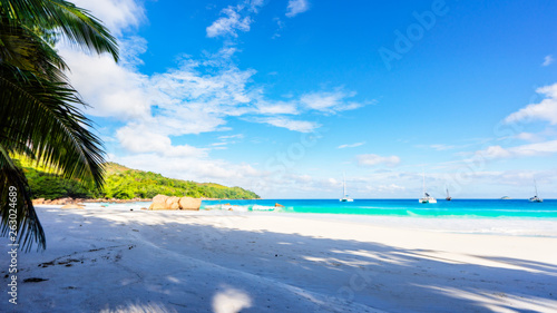 Paradise beach.White sand,turquoise water,palm trees at tropical beach,seychelles 31