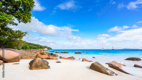 Fototapeta Naklejka Na Ścianę i Meble -  Paradise beach.White sand,turquoise water,palm trees at tropical beach,seychelles 39