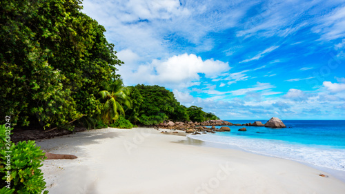 Paradise beach.White sand,turquoise water,palm trees at tropical beach,seychelles 23