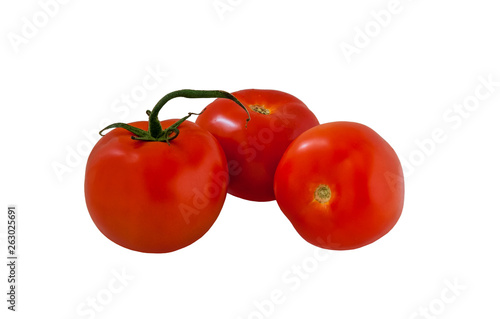 three fresh organic tomatoes isolated on white