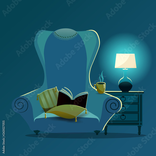 Vintage sofa armchair with yellow pillows with tassels and lace napkin on back of chair at night in the light of desk lamp. Gradient Soft chair with book, mug on armrest. Isolated flat cartoon vector