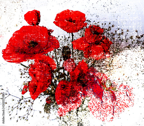 Floral bckground with stylized bouquet of red poppies on grunge striped,stained backdrop
