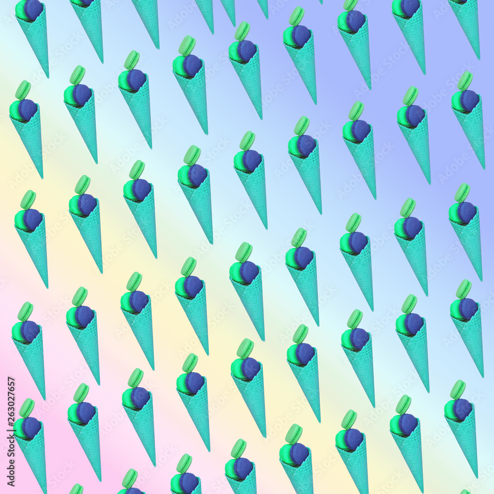 Φωτογραφία Modern art collage pattern of blue ice cream made of waffle cone and almond cookies flying in the air