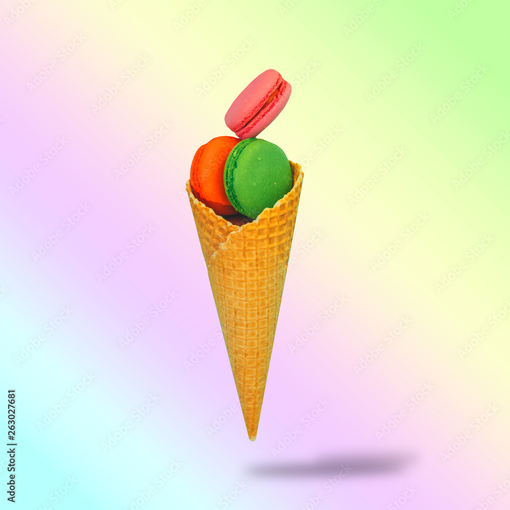 Φωτογραφία Modern art collage of ice cream made of waffle cone and almond cookies flying in the air