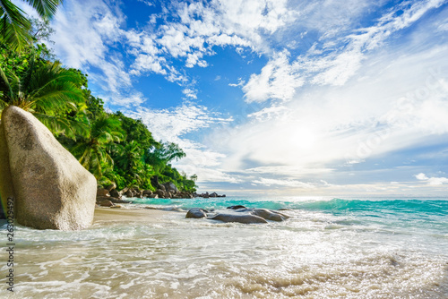 Paradise tropical beach with rocks,palm trees and turquoise water in sunshine, seychelles 39