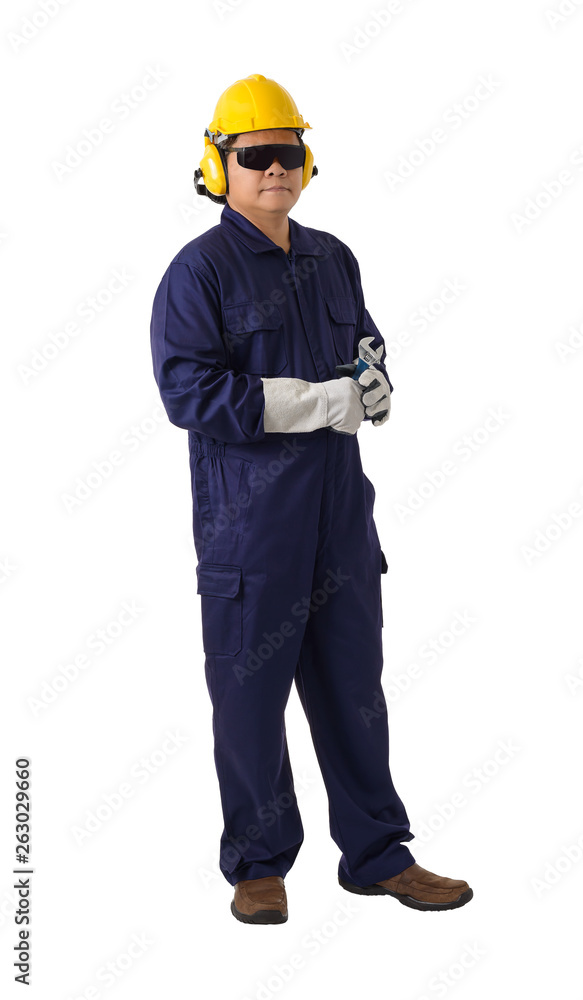 portrait of a worker in Mechanic Jumpsuit is holding a wrench isolated on white background portrait of a worker in Mechanic Jumpsuit is holding a wrench isolated on white background